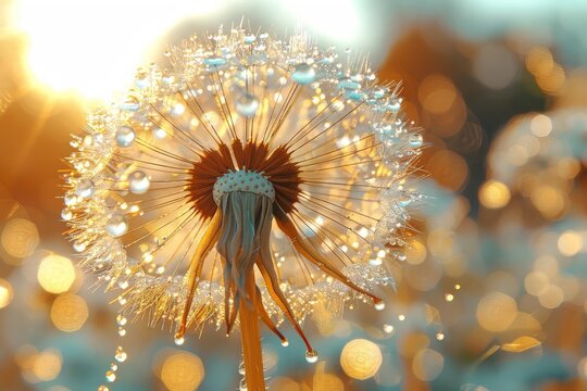 Close-up of a dandelion with water droplets, beautifully illuminated by the sun, creating a mesmerizing and dreamy natural scene.