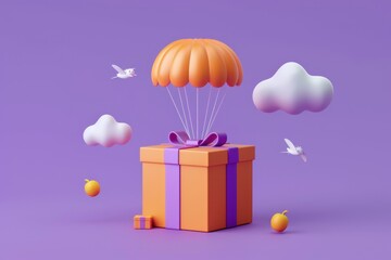 Gift Box Landing with a Parachute on a Purple Background