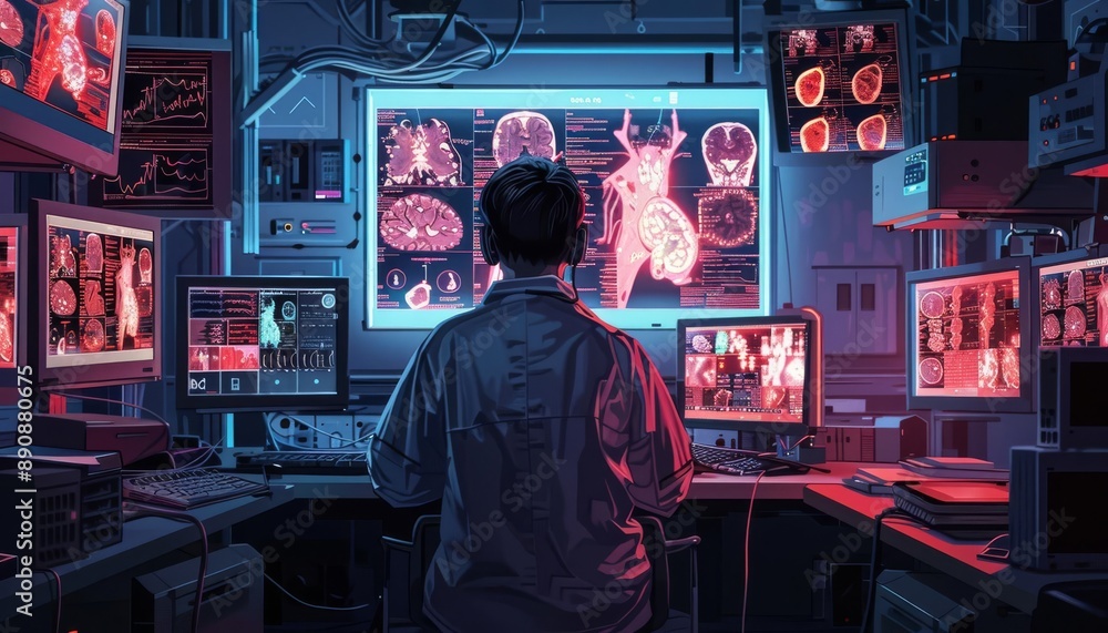 Poster scientist analyzes medical scans on multiple monitors in a high-tech lab, exploring brain and heart 