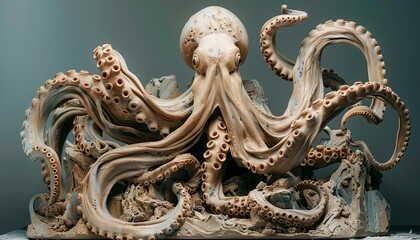 Fototapeta premium Intricately detailed sculpture of an octopus with extended tentacles, showcasing artistic craftsmanship and marine life beauty.