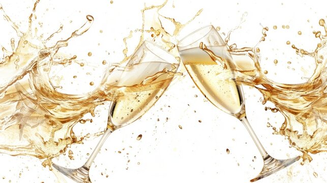 Two champagne glasses clinking with splashes of sparkling wine. This celebratory image is perfect for party invites, congratulatory messages, or festive promotions. High-quality and vibrant. AI