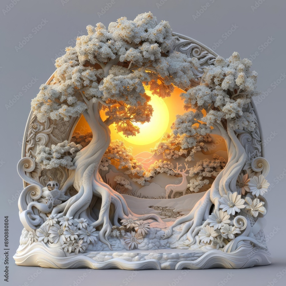 Poster intricate sculpture of trees with glowing light, showcasing detailed craftsmanship and elegant desig