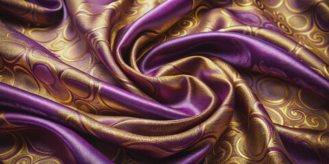 Rich purple and gold silk fabric with intricate wave pattern, luxurious texture, and subtle sheen, evoking opulence, elegance, and sophistication.