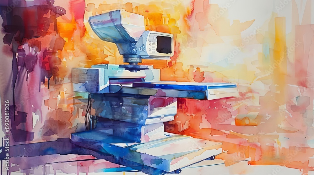Poster vibrant watercolor painting of an old computer system in a colorful abstract style, blending technol