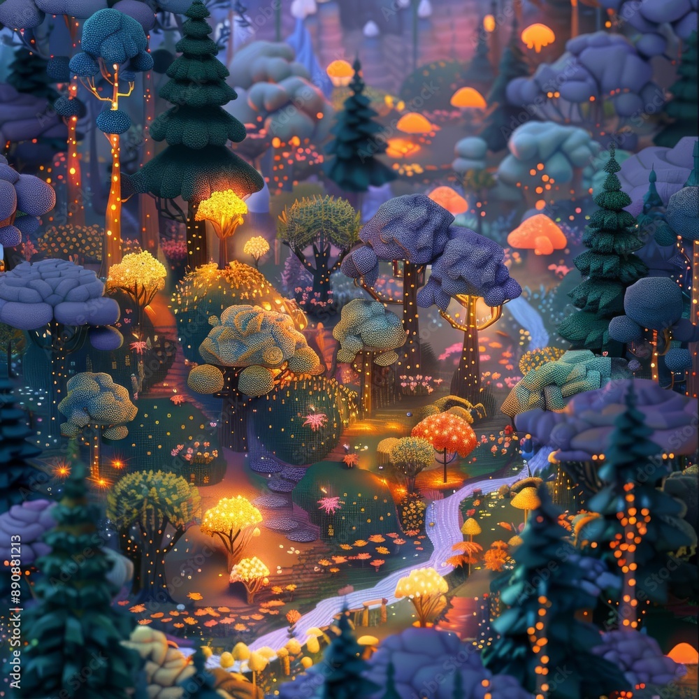 Poster magical forest scene with glowing mushrooms and trees at twilight, illuminated by whimsical lights c