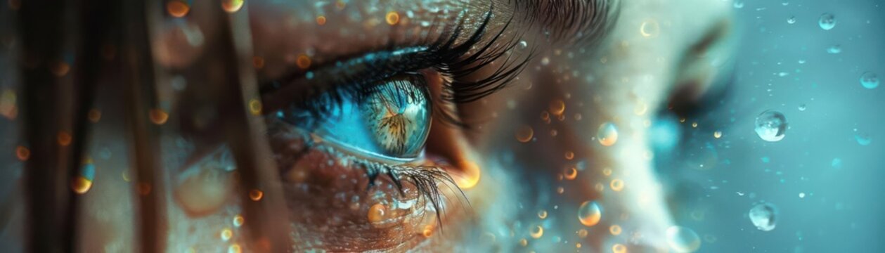 Close up of a blue eye with water droplets.