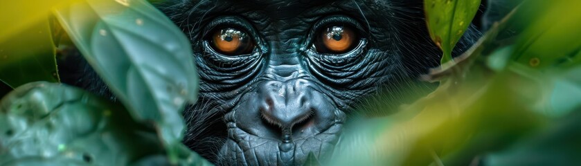 Close-up of a monkey's eye peering through lush foliage.