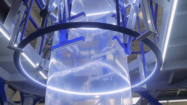 Bubble cage of blown plastic film extrusion machine at exhibition, trade show - the process of making transparent plastic film. Concept of production, industry, recycling, and equipment