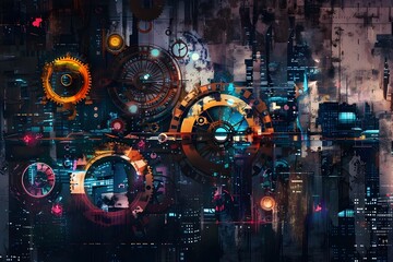 Futuristic Cityscape with Overlapping Industrial Gears and Holographic Overlays