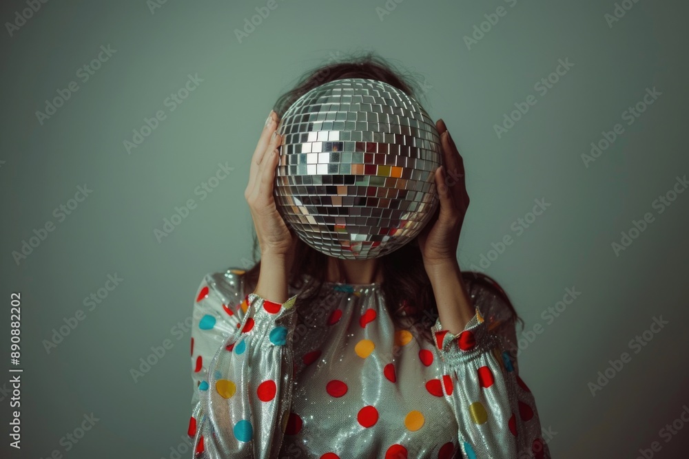 Canvas Prints A woman holds a shiny disco ball in front of her face, creating a fun and playful atmosphere