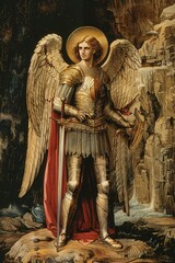 Obraz premium Graphic and biblical representation of the Archangel Michael. AI generativ, Generative AI