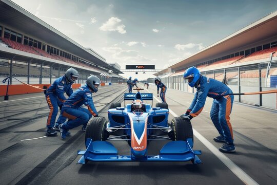 Ultimate teamwork  professional pit crew prepared for action as race car enters pit lane for pitstop