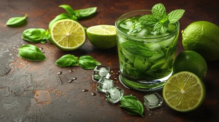 Homemade lemonade or mojito cocktail with lime, mint, and ice cubes in a glass on a light stone table. Fresh summer drink with copy space
