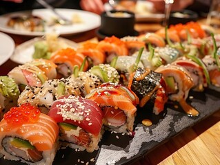 Friends having a sushimaking night, learning and enjoying the culinary experience