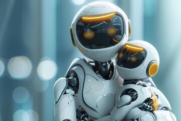 Fototapeta premium Happy robot family hugging. Robots parents and children together. Generative AI