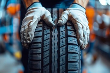 Mechanic with new tires in blue toned garage, high quality closeup in workshop setting