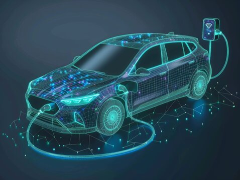 High resolution 3d wireframe electric car charging silhouette on dark background - Powered by Adobe