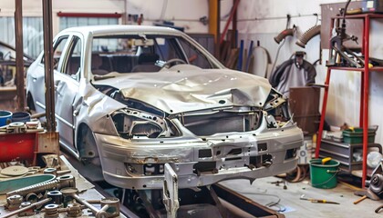 Auto repair  front frame disassembled, mechanic working on damaged modern car in garage