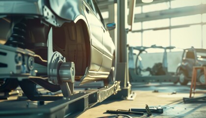 Mechanic fixing front frame of damaged silver car in auto service center garage workshop