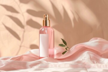 Pink Perfume Bottle on Silk Fabric with Soft Lighting