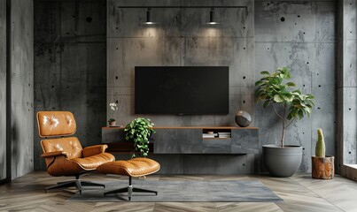 Living room interior have cabinet for tv and gray armchair in cement room with concrete wall, Generative AI