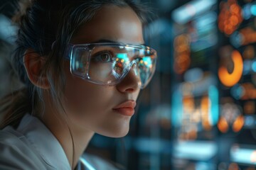 Medical research. Use of Artificial Intelligence in science and medicine. Female scientist analyzing data in scientific chemical laboratory, Generative AI