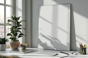 Poster mockup with vertical white frame in working room interior background, Generative AI