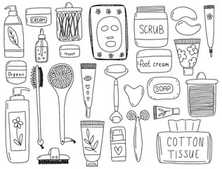 Hand drawn cosmetics elements set. Vector set of skin care products, cream tubes, cream jars, massage brush, cotton pads and face roller