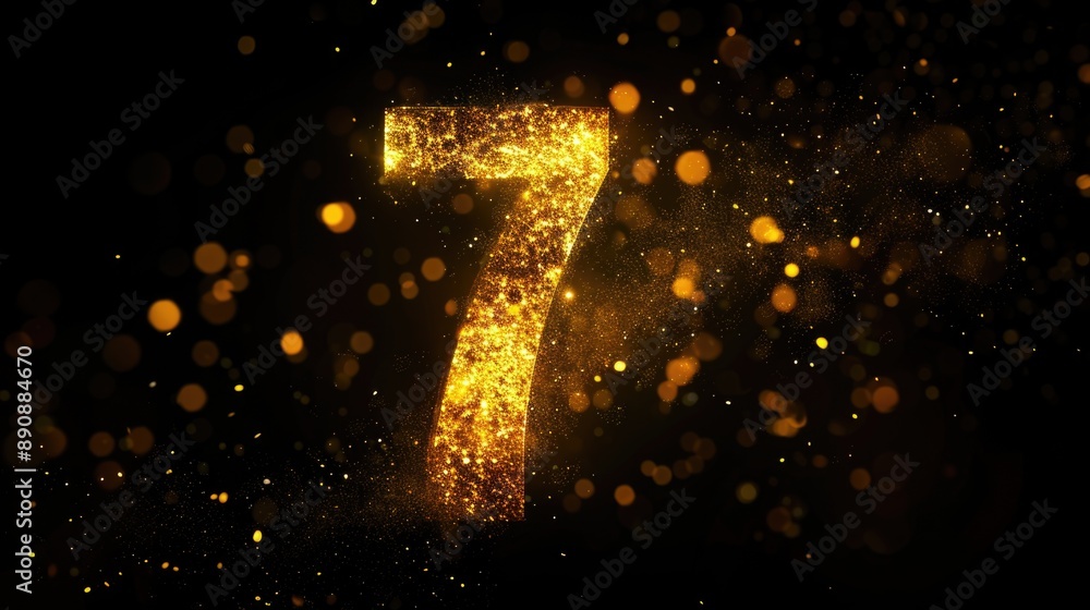 Aufkleber A golden number 7 made from dust particles against a dark black background, perfect for use in various design concepts