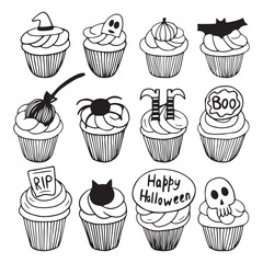 Halloween cupcakes with scary decor vector set