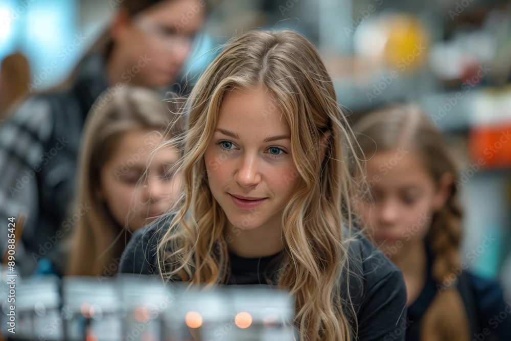 Poster young woman smiling while looking at a device in a workshop setting