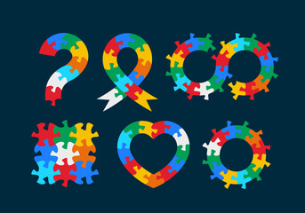 Autism Awareness Day symbols set graphics. Design elements in colorful puzzle pieces.
