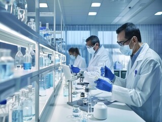 Diverse corporate team working on technology research project in indian business office laboratory