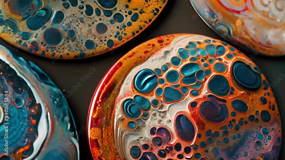 Poster a trio of circular paintings each one featuring a different color palette of bubbly textures and pat