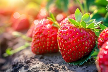 Close up of vibrant ripe strawberry in organic field, ready for harvest, perfect red fruit
