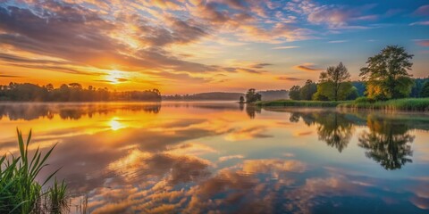 Obraz premium Calming dawn scene featuring a tranquil lake mirroring the soft, warm hues of the sunrise, with gentle ripples on its glassy surface.