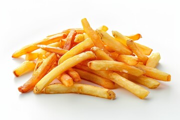 A pile of crispy and golden French fries on a clean white surface. Perfect for food-related projects and advertisements, Generative AI