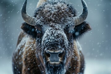A close-up photograph of a bison in the snow. This image can be used to depict wildlife in winter settings, Generative AI