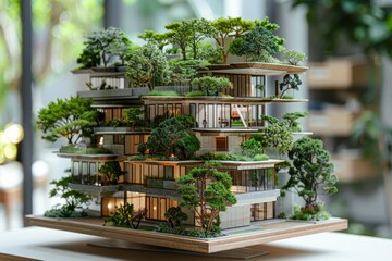 Fototapeta premium A model of a building with trees on top. Perfect for architectural designs and eco-friendly concepts, Generative AI