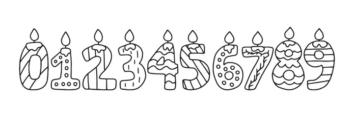 Birthday candles doodle vector set. Set of birthday anniversary numbers vector in doodle style