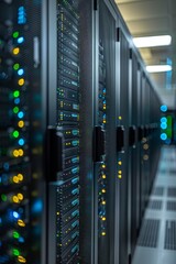 A row of servers in a server room. Perfect for technology and data center concepts, Generative AI