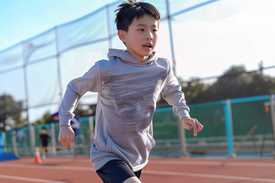 A young oriental boy runs along a track wearing a grey hooded sweatshirt. The boy is running fast