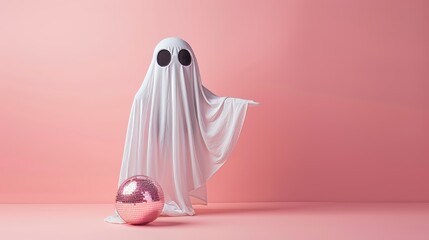 Spooky Halloween Ghost Dancing with Mirror Disco Ball on Pink Background, Festive Celebration
