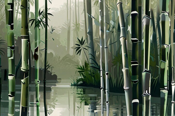 abstract bamboo forest with intricate geometric patterns and vibrant green hues