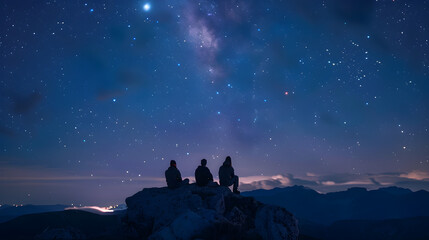 Fototapeta premium Three friends stargazing atop a mountain, immersed in the beauty of the night sky. Perfect for travel, adventure, or friendship themes.