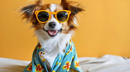 Cheerful dog in sunglasses and a tropical shirt portrays a fun summer vibe. Perfect for lifestyle blogs, pet products, or vacation promotions.