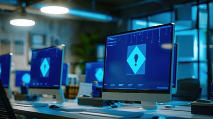All office computers display a blue screen with a large warning sign, indicating a widespread system error or malfunction.
