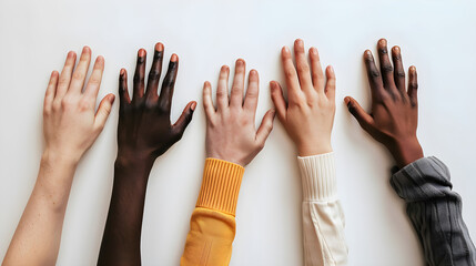 Diverse hands reaching out in unity against a neutral backdrop, symbolizing inclusivity and collaboration, ideal for campaigns promoting diversity and teamwork.