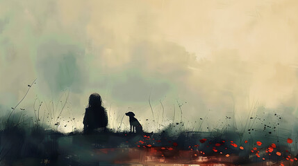 Fototapeta premium A serene silhouette of a person and a dog enjoy a tranquil moment amidst a dreamy, colorful landscape. Perfect for pet lovers and emotional connection themes.