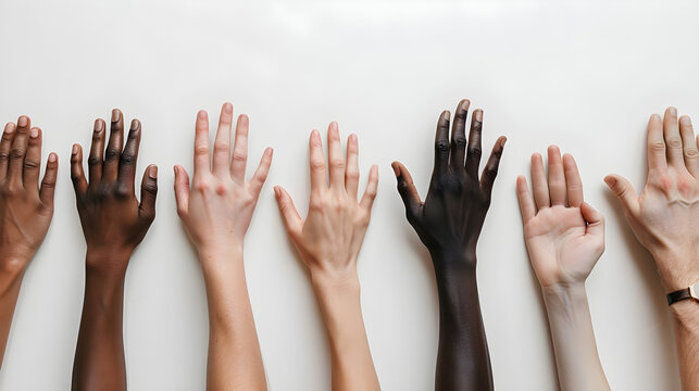 Diverse hands reaching out on a light background, symbolizing unity and inclusivity. Ideal for campaigns on diversity, equality, and social justice.
